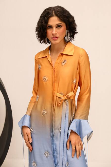 Buy Label Deepika Nagpal Yellow Satin Crystals Collared Donna Hand Embroidered Dress Online at Aza Fashions Buy_Label Deepika Nagpal_Yellow Satin Crystals Collared Donna Hand Embroidered Dress_Online_at_Aza_Fashions