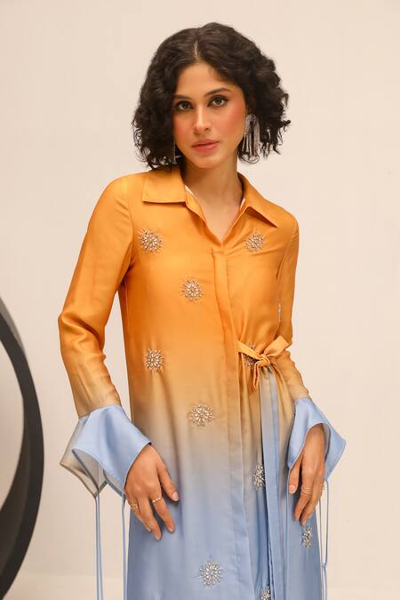 Shop Label Deepika Nagpal Yellow Satin Crystals Collared Donna Hand Embroidered Dress Online at Aza Fashions Shop_Label Deepika Nagpal_Yellow Satin Crystals Collared Donna Hand Embroidered Dress_Online_at_Aza_Fashions