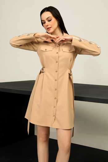 Buy_Label Deepika Nagpal_Beige Crepe Crystals Collared Montana Hand Embroidered Sleeve Dress_Online_at_Aza_Fashions