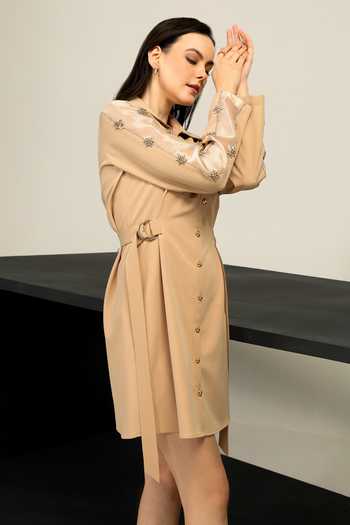 Shop_Label Deepika Nagpal_Beige Crepe Crystals Collared Montana Hand Embroidered Sleeve Dress_Online_at_Aza_Fashions