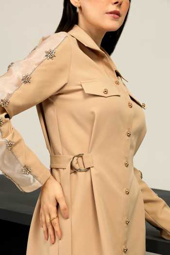 Label Deepika Nagpal_Beige Crepe Crystals Collared Montana Hand Embroidered Sleeve Dress_at_Aza_Fashions