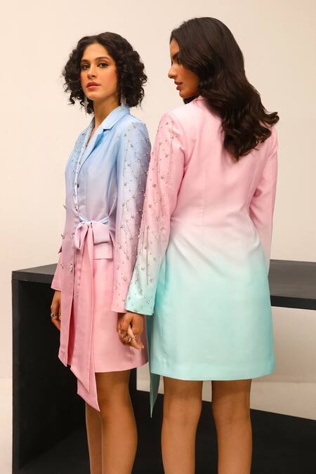 Label Deepika Nagpal_Blue Crystals Collared Avery Ombre Blazer Dress_Online_at_Aza_Fashions