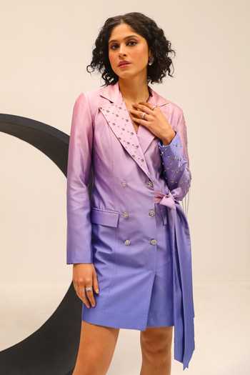 Label Deepika Nagpal_Purple Brocade, Satin Crystals, Embroidery Collared Avery Placement Hand Dress_at_Aza_Fashions