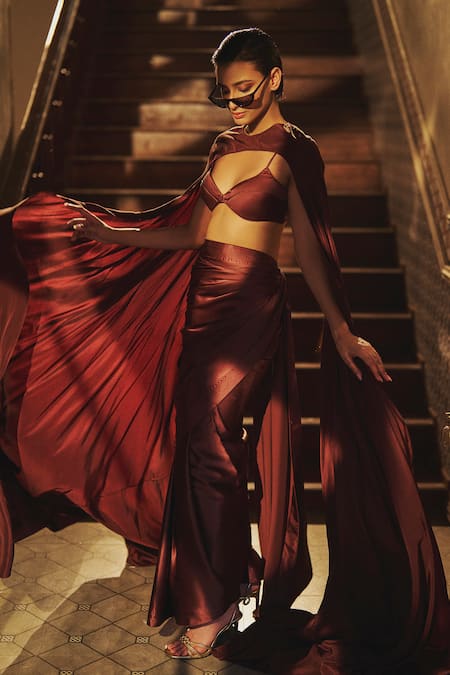 Buy_Ekaya Banaras_Brown Satin Handwoven Solid Saree With Unstitched Blouse Piece _Online_at_Aza_Fashions