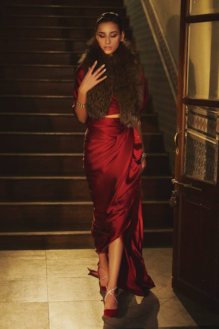 Shop_Ekaya Banaras_Maroon Satin Handwoven Solid Saree With Unstitched Blouse Piece _at_Aza_Fashions