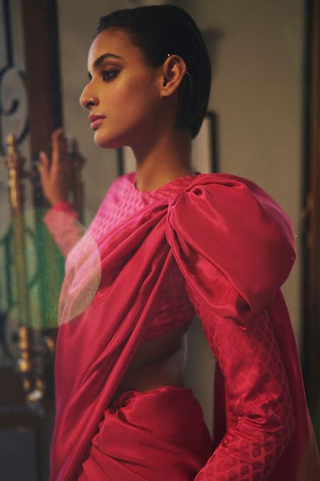 Shop_Ekaya Banaras_Pink Silk Bright Handwoven Solid Saree With Unstitched Blouse Piece _at_Aza_Fashions