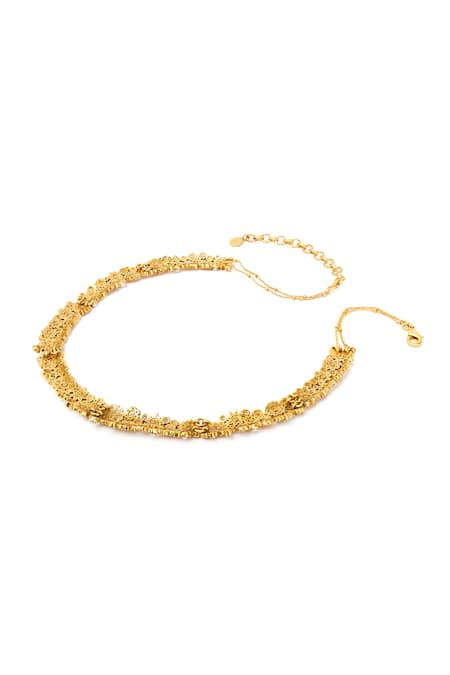 Aulerth X JJ Valaya_Gold Plated Opaline Floral Cutwork Choker _Online_at_Aza_Fashions