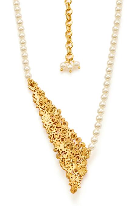 Aulerth X JJ Valaya_Gold Plated Floral Cutwork Pendant Necklace _Online_at_Aza_Fashions