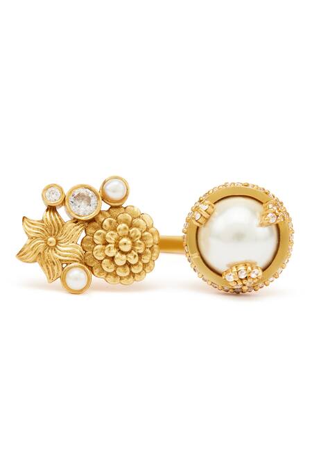 Aulerth X JJ Valaya_Gold Plated Pearls, Stones Floral Cutwork Statement Ring _Online_at_Aza_Fashions