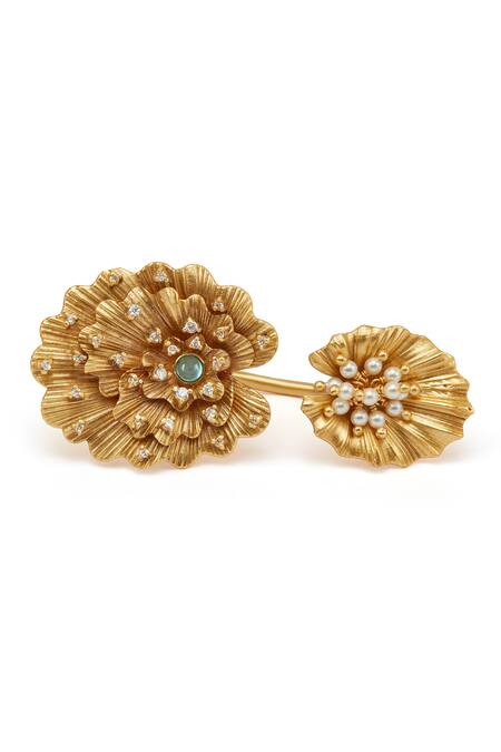 Aulerth X JJ Valaya_Gold Plated Stones, Pearls Odeta Floral Double-motif Ring _Online_at_Aza_Fashions