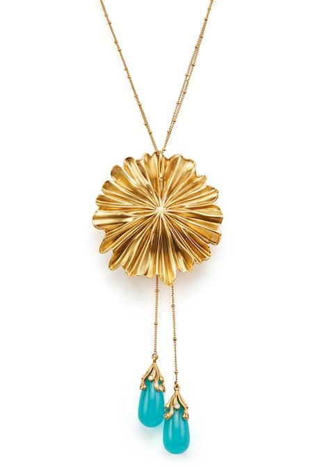 Aulerth X JJ Valaya_Gold Plated Odeta Floral Carved Pendant Necklace _Online_at_Aza_Fashions