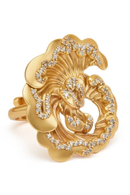Aulerth X JJ Valaya_Gold Plated Crystals Odeta Embellished Carved Ring _Online_at_Aza_Fashions