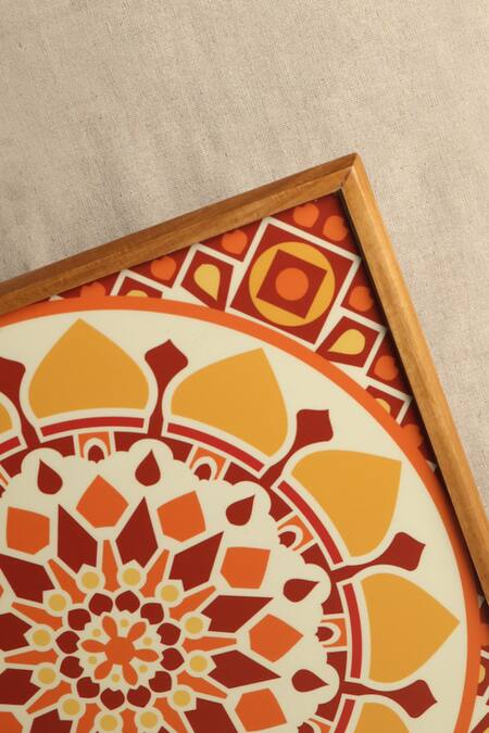 Shop_Bambaise_Yellow Teak Wood Mandala Sunshine Floral Pattern Pooja Bajot_Online_at_Aza_Fashions