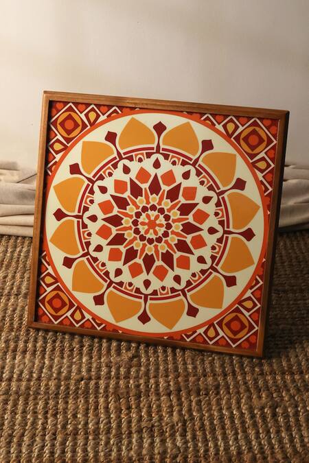 Bambaise_Yellow Teak Wood Mandala Sunshine Floral Pattern Pooja Bajot_at_Aza_Fashions