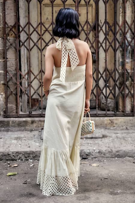 Shop_Style Junkiie_Cream Cotton Cut Work Halter Neck Maxi Dress _at_Aza_Fashions