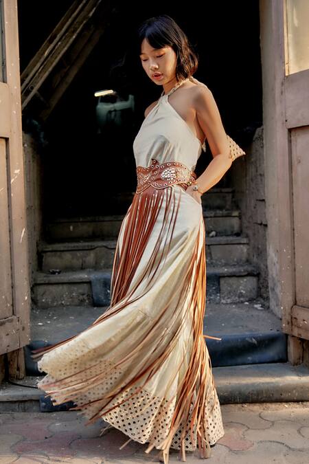 Style Junkiie_Cream Cotton Cut Work Halter Neck Maxi Dress _Online_at_Aza_Fashions