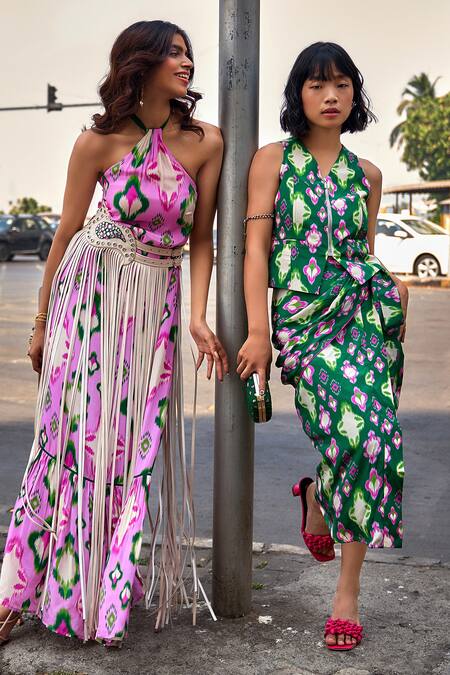 Style Junkiie Green Crepe Ikat Pattern Front Draped Skirt at Aza Fashions Style Junkiie_Green Crepe Ikat Pattern Front Draped Skirt _at_Aza_Fashions