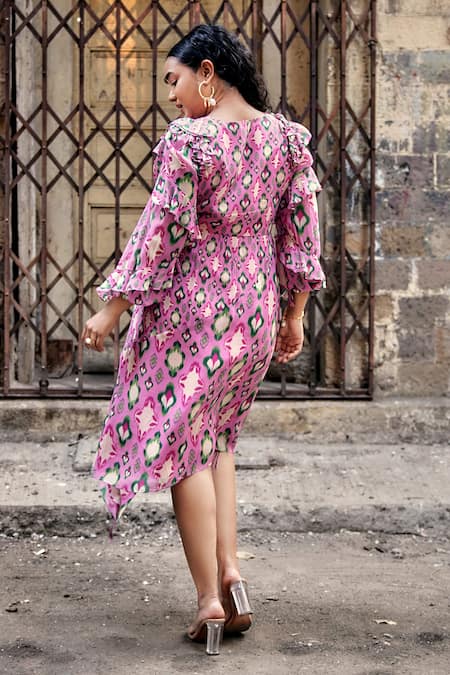 Shop_Style Junkiie_Pink Georgette V-neck Ikat Pattern Wrap Dress _at_Aza_Fashions