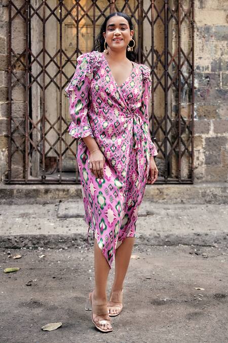 Shop_Style Junkiie_Pink Georgette V-neck Ikat Pattern Wrap Dress _Online_at_Aza_Fashions