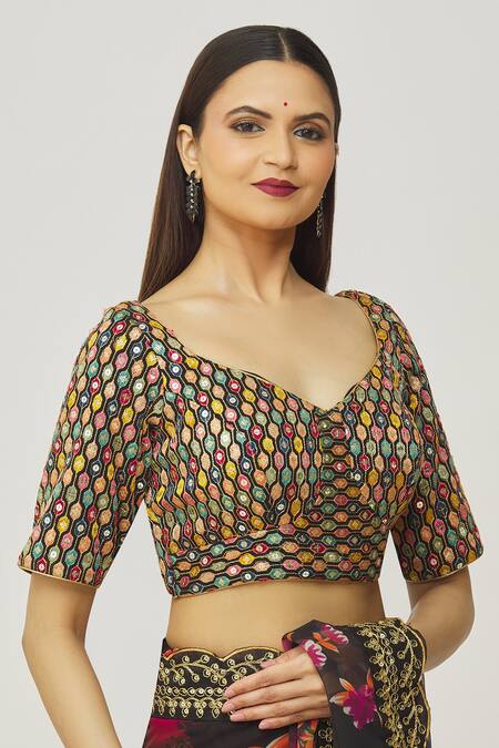 Nazaakat by Samara Singh - Brown Black Embroidered Sequin V Neck Blouse For  Women