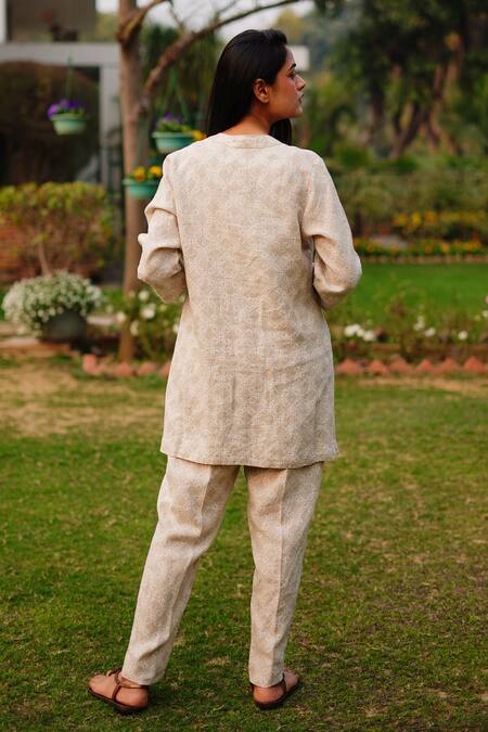 Shop_Linen Bloom_Beige 100% Linen Printed Star Pant _at_Aza_Fashions