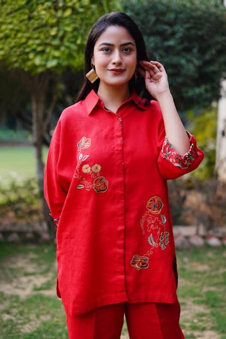 Linen Bloom Red 100% Linen Embroidered Floral Collar Shirt
