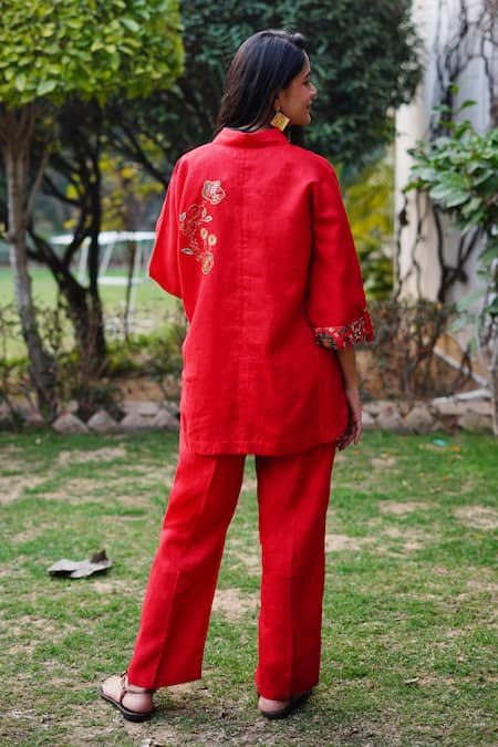 Shop_Linen Bloom_Red Linen Embroidery Collared Floral Shirt _at_Aza_Fashions