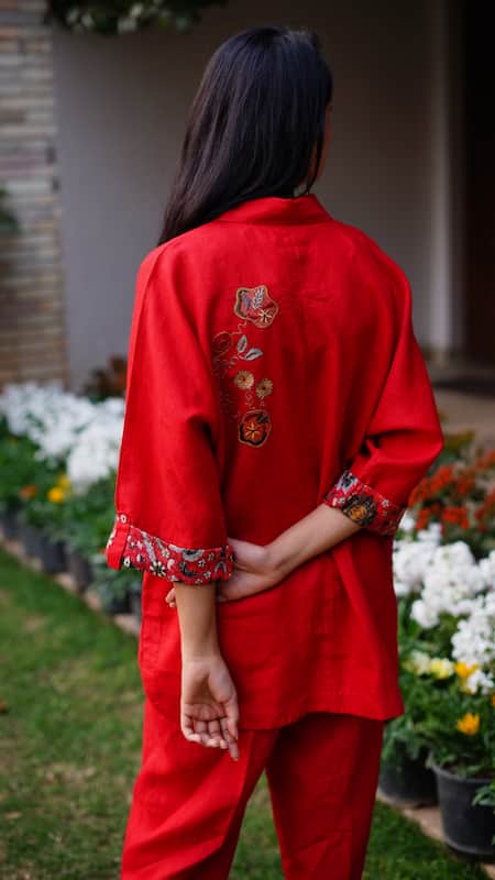 Linen Bloom_Red Linen Embroidery Collared Floral Shirt _Online_at_Aza_Fashions