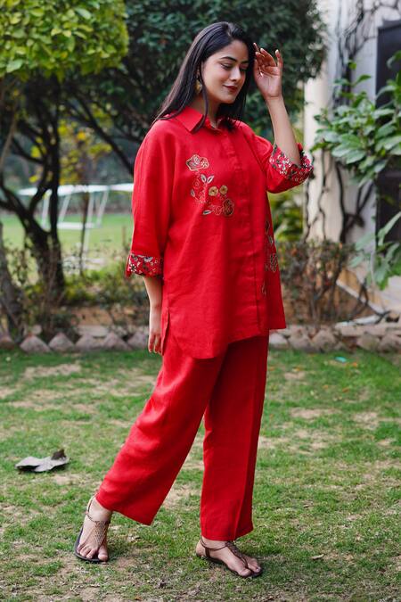 Buy_Linen Bloom_Red Linen Embroidery Collared Floral Shirt _Online_at_Aza_Fashions
