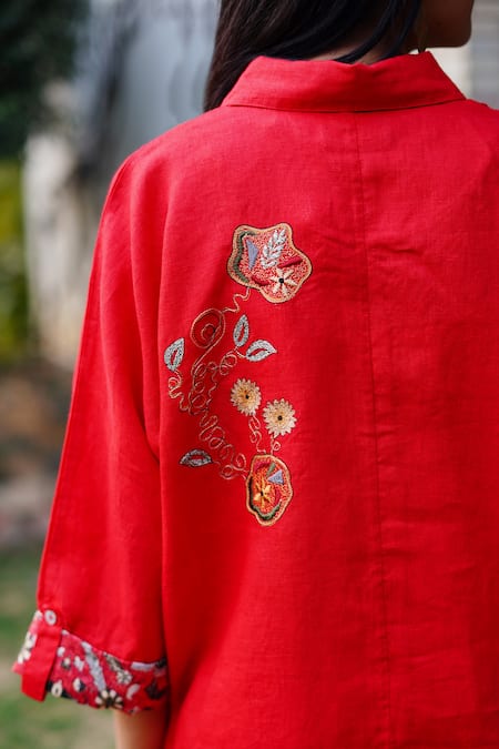 Shop_Linen Bloom_Red Linen Embroidery Collared Floral Shirt _Online_at_Aza_Fashions
