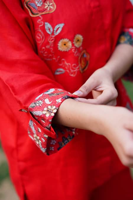 Linen Bloom_Red Linen Embroidery Collared Floral Shirt _at_Aza_Fashions
