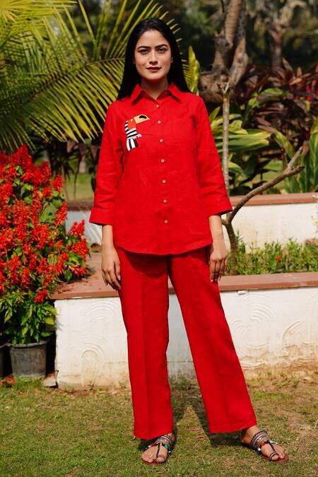 Buy_Linen Bloom_Red 100% Linen Plain Pencil Pant _Online_at_Aza_Fashions