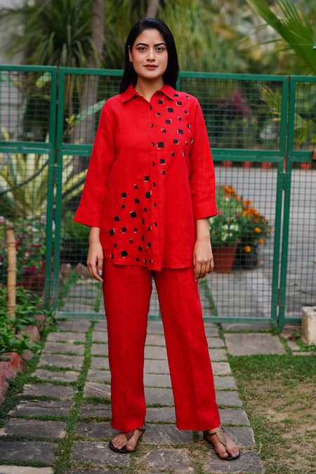 Linen Bloom Red 100% Linen Embroidered Box Collar Shirt