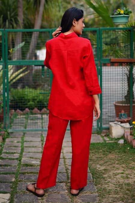 Linen Bloom_Red Linen Embroidery Collared Box Shirt _Online_at_Aza_Fashions
