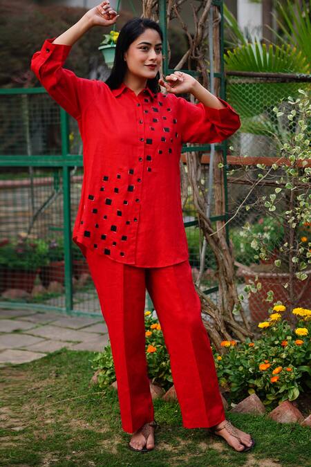 Buy_Linen Bloom_Red Linen Embroidery Collared Box Shirt _Online_at_Aza_Fashions