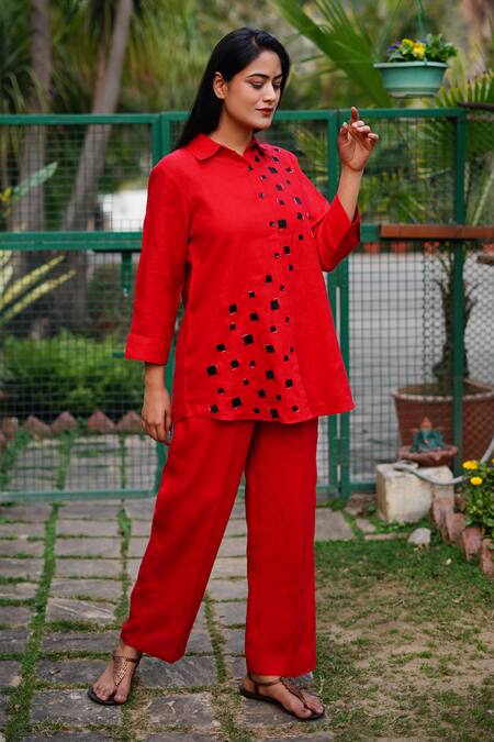 Shop_Linen Bloom_Red Linen Embroidery Collared Box Shirt _Online_at_Aza_Fashions