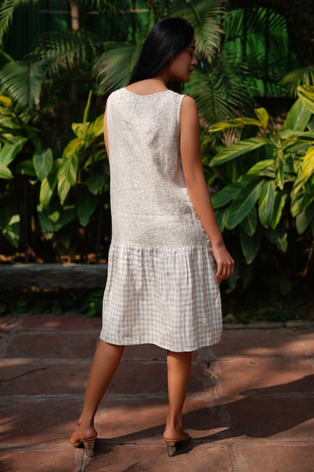 Linen Bloom_Beige Linen Embroidery Round Neck Vines And Checkered Print Dress _Online_at_Aza_Fashions