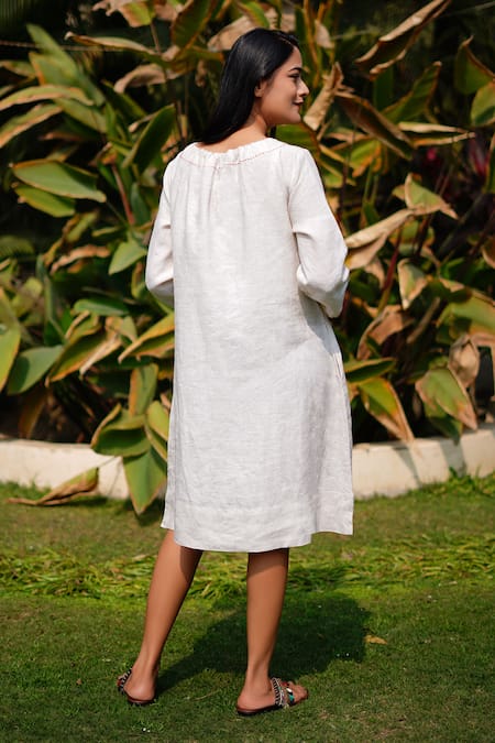 Linen Bloom_Beige Linen Embroidery Round Neck Flower Dress _Online_at_Aza_Fashions
