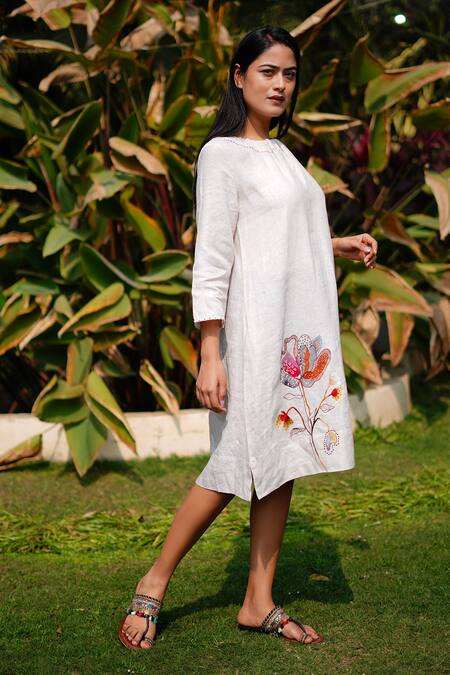 Buy_Linen Bloom_Beige Linen Embroidery Round Neck Flower Dress _Online_at_Aza_Fashions