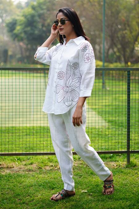Linen Bloom_White Linen Embroidery Collared Flower Shirt _Online_at_Aza_Fashions