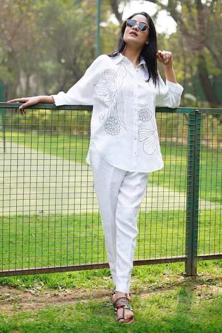Buy_Linen Bloom_White Linen Embroidery Collared Flower Shirt _Online_at_Aza_Fashions
