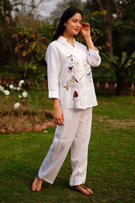 Buy_Linen Bloom_White Linen Embroidery Collared Bird Shirt _Online_at_Aza_Fashions