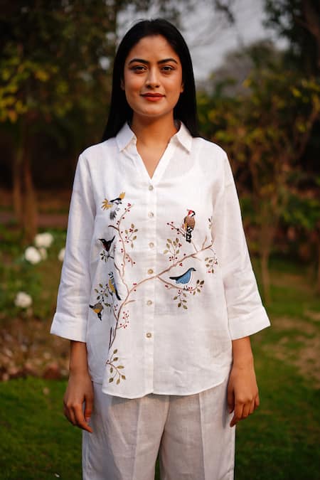Shop_Linen Bloom_White Linen Embroidery Collared Bird Shirt _Online_at_Aza_Fashions