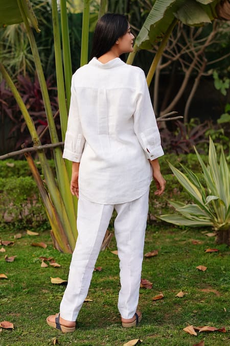 Shop_Linen Bloom_White Linen Embroidery Collared Ringle Shirt _at_Aza_Fashions