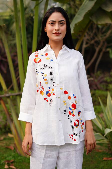 Buy_Linen Bloom_White Linen Embroidery Collared Ringle Shirt _Online_at_Aza_Fashions