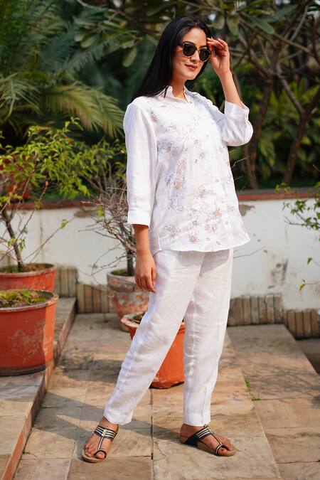 Buy_Linen Bloom_White Linen Embroidery Collared Scribble Shirt _Online_at_Aza_Fashions