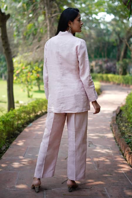 Linen Bloom_Pink Linen Embroidery Dog And Cat Blazer _Online_at_Aza_Fashions