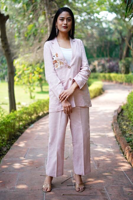 Buy_Linen Bloom_Pink Linen Embroidery Dog And Cat Blazer _Online_at_Aza_Fashions