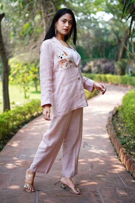 Shop_Linen Bloom_Pink Linen Embroidery Dog And Cat Blazer _Online_at_Aza_Fashions