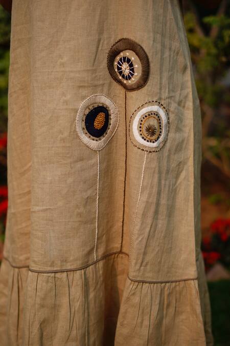 Buy_Linen Bloom_Brown Linen Embroidery Boat Neck Flower Dress _Online_at_Aza_Fashions
